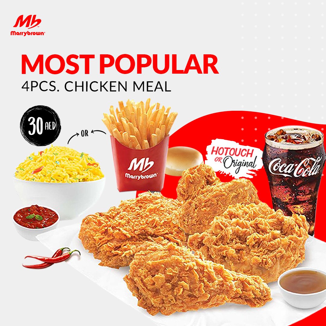 MarrybrownUAE's tweet photo. Calling all MB Lovers! Get our MOST POPULAR MB 4 Pcs Chicken Meal for just 30 AED. 
For Dine-in, Take away and delivery.
To place your order visit: https://t.co/golafLmsQ8 
Available in Hotouch and Original flavours.
#marrybrown #marrybrownuae #theultimatechicken #chickenmeal https://t.co/Ry7yVOTpno