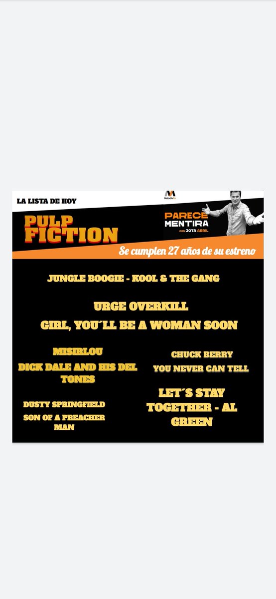 ¿Sabías que hace ya 27 años que se estrenó #PulpFiction? Hoy la hemos recordado a través de estas 6 canciones, ¡¡imprescindibles!! #PareceMentira #Efemérides <a href="/Melodia_FM/">Melodía FM</a>