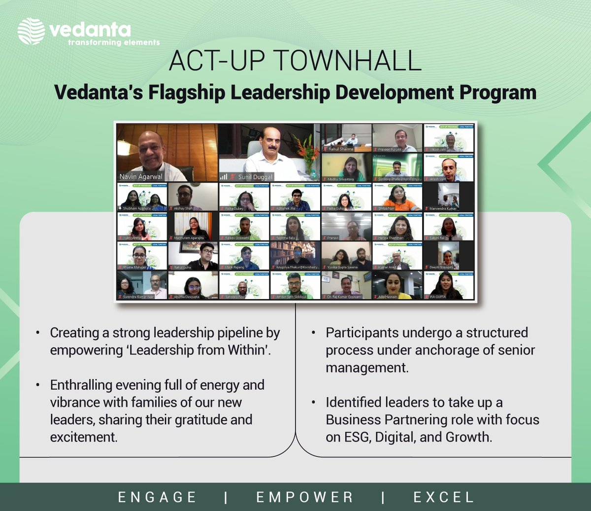 NavinAgarwal_V's tweet photo. Had an engaging session with aspiring #leaders &amp; their families at the ACT-UP #Townhall, Vedanta’s flagship program to build ‘leadership from within’. We firmly believe that encouraging high potential leaders can open new avenues for the free flow of ideas. My best wishes to all! https://t.co/VrvJFtgArk