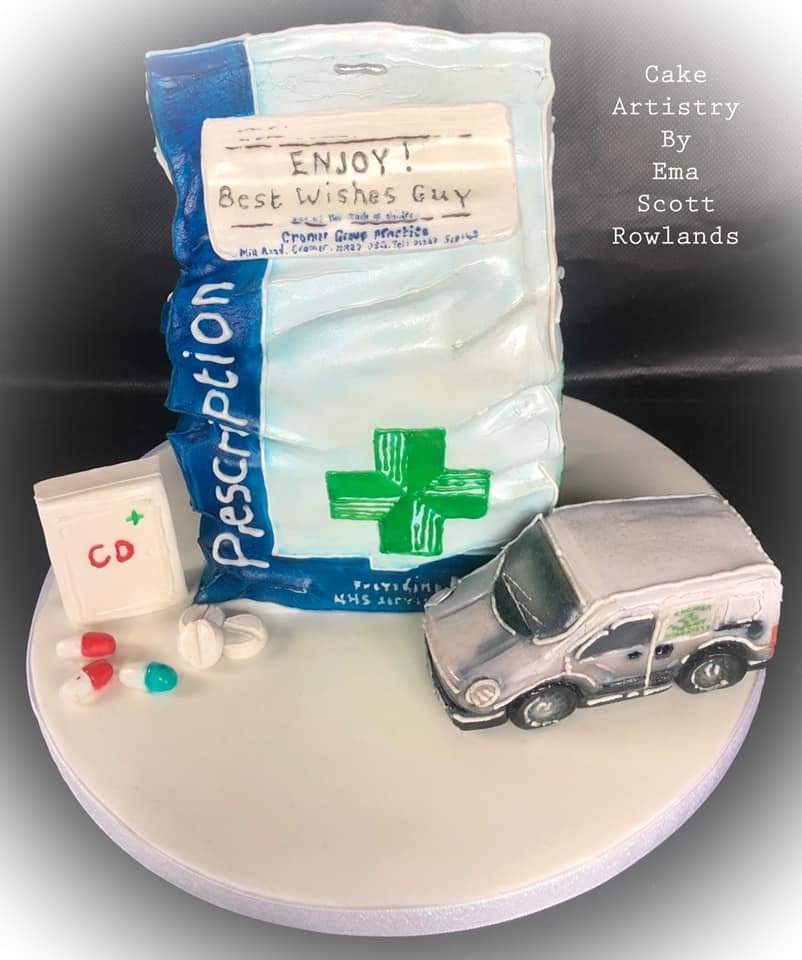 Dottyaboutcake1's tweet photo. This #cake was a farewell gift from a volunteer driver who delivered prescriptions on behalf of a local doctor’s surgery in #Cromer.  I was delighted to be asked to design and create this as a thank you to just a handful of our amazing #NHS staff. 😊🎂 #cakeartistry https://t.co/EyaQ6j2cax