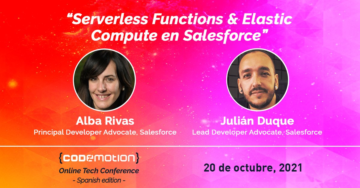 AlbaSFDC's tweet photo. La semana que viene estaré con @julian_duque en @CodemoMadrid hablando sobre Serverless Functions & Elastic Compute en Salesforce - No os lo perdáis! https://t.co/BdhXyw8EZA @SalesforceDevs #SalesforceFunctions 20 Octubre 14:55 CEST https://t.co/FVeAm8MYLW