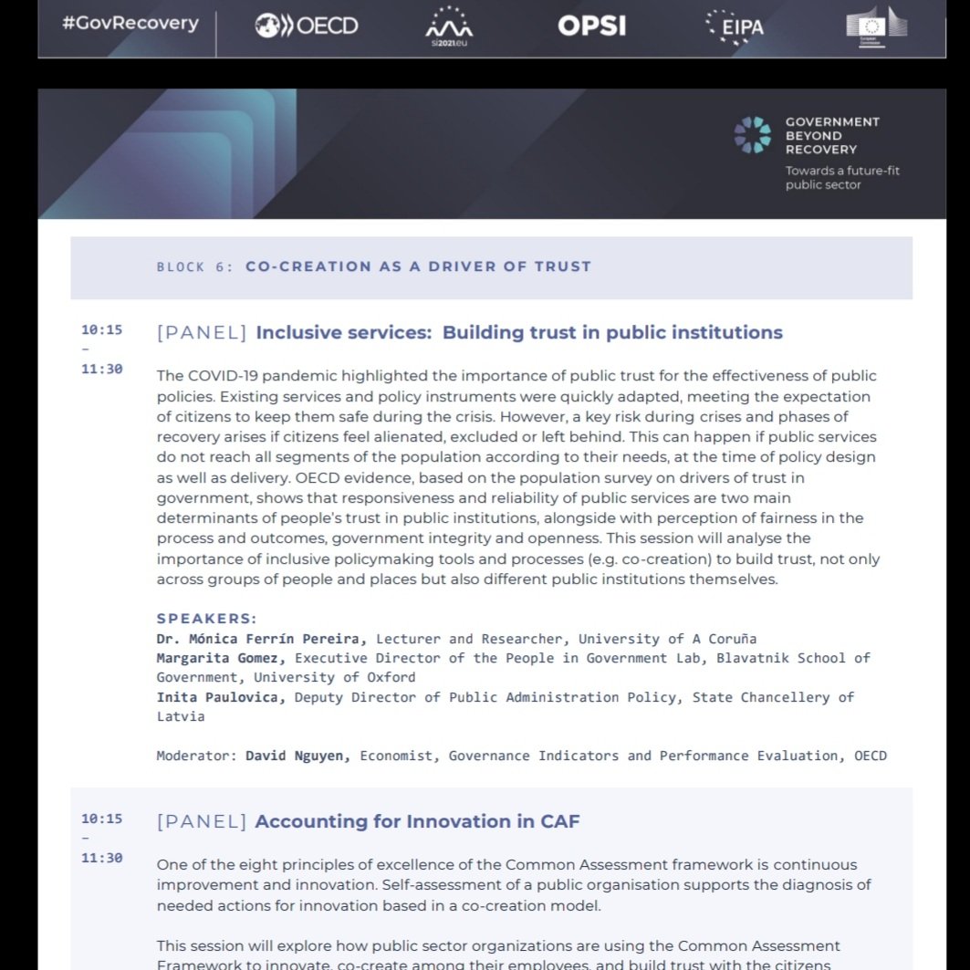 LatviaOECD's tweet image. 18.-19.10. notiks @OECD līdzorganizēta konference "Government Beyond Recovery. Towards a future-fit public sector", kur 🇱🇻 pārstāvēs I.Pauloviča, Valsts kancelejas dir.vietniece valsts pārvaldes jautājumos. Aicinām piedalīties tiešsaistē👇:
oecd-events.org/gov-beyond-rec…
#GovRecovery
