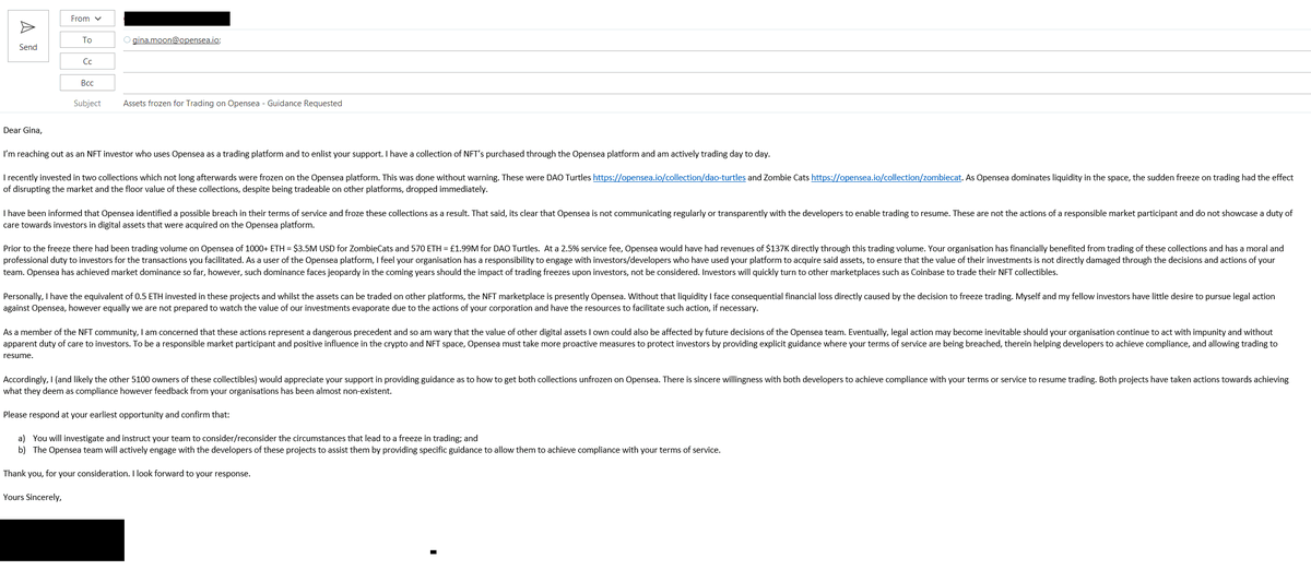 Concerned at the lack of response from Opensea I emailed their General Counsel, Gina Moon. This needs more attention by the NFT community!