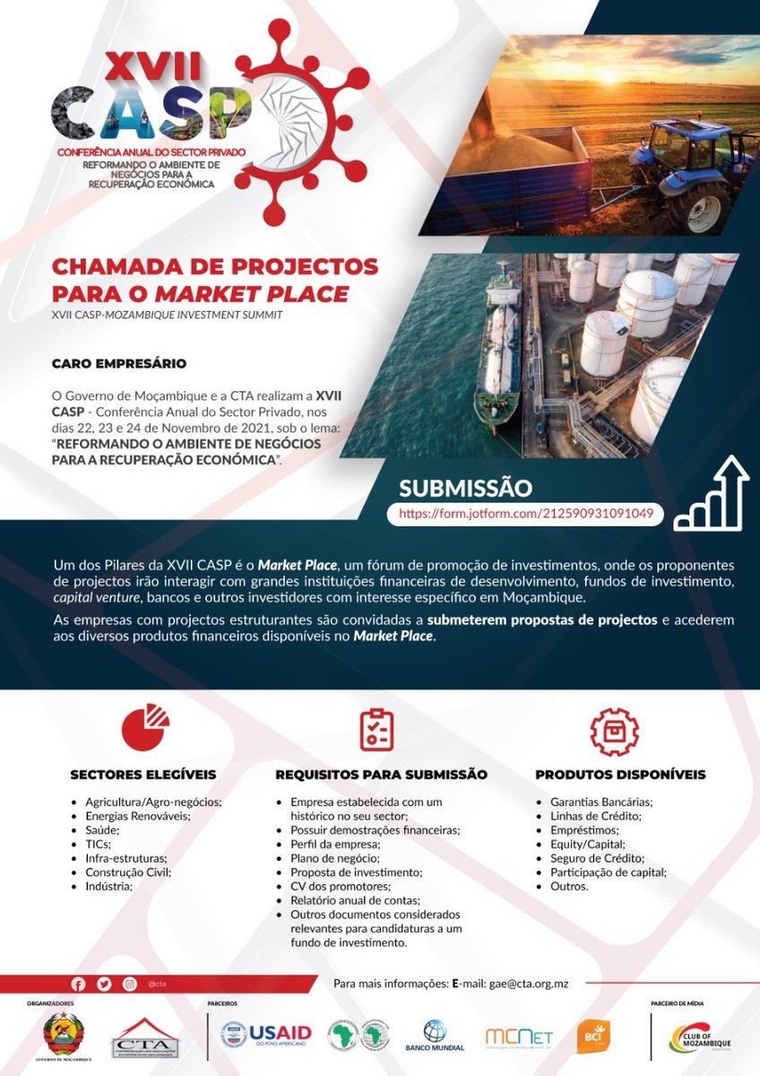 CHAMADA DE PROJECTOS PARA O  #MARKETPLACE 

Caro Empresário, 

Submeta as suas propostas de projectos e aceda aos diversos produtos financeiros disponíveis no Market Palace, um dos pilares da XVII #CASP.

 Submissão de propostas: 
form.jotform.com/212590931091049