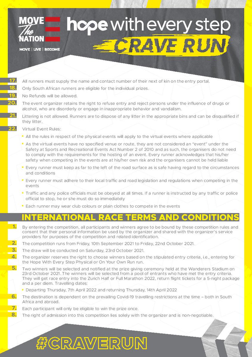 Join the Hope with every Step Crave Run entries are open. There is an exciting club challenge for clubs with the highest entries who could walk away with a great price to the value of R25 000.
Register today>>> bit.ly/3hR4CHo
#CraveRun #HopeWithEveryStep #CGARoadRunning