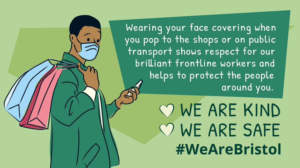 As the days get shorter and colder, viruses spread more easily. Show your respect for our key workers by wearing a face covering in busy places, such as public transport and in shops, to help limit the spread of COVID-19. #WeAreBristol