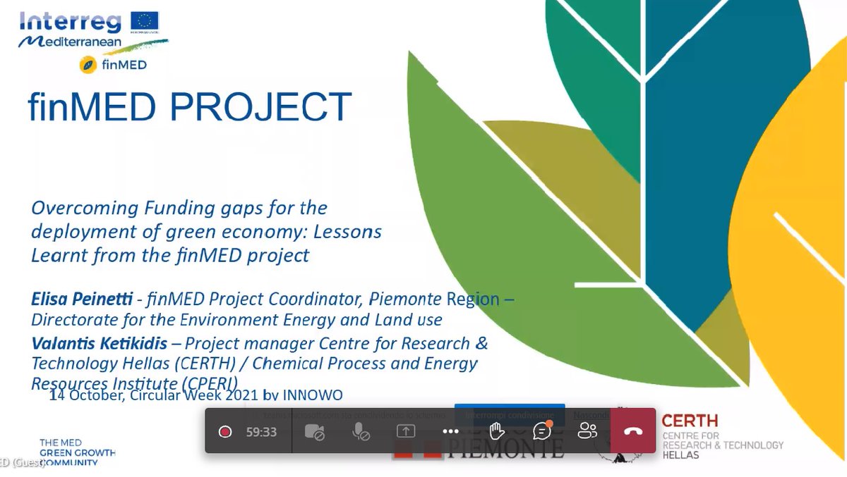 finMEDProject's tweet photo. ✅ @finMEDProject presenting lessons learnt in the @MED_GreenGrowth #CircularWeek2021 webinar!
👉Project Coorinator, Elisa Peinetti from @regionepiemonte on the floor! https://t.co/xzwrO7L8Da