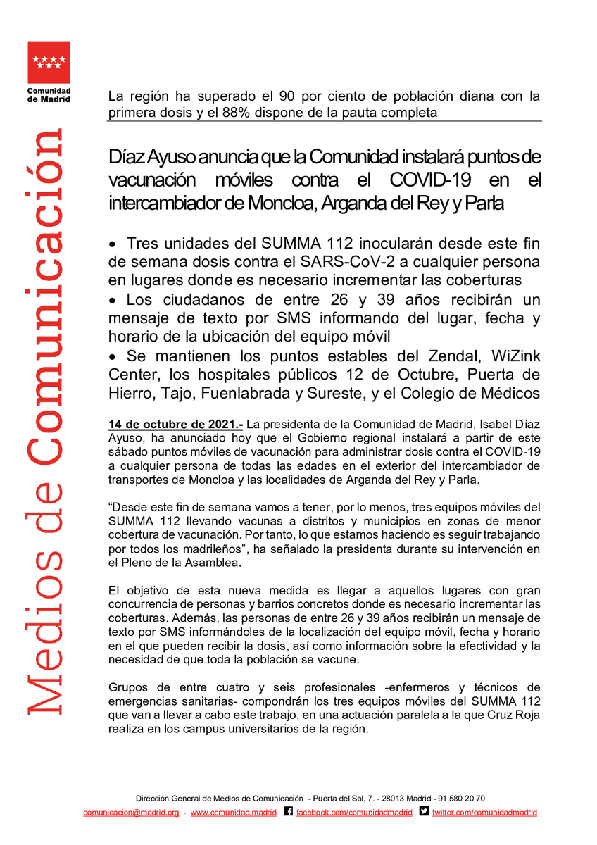 SaludMadrid's tweet photo. La @ComunidadMadrid instalará puntos móviles de #vacunacion contra el #COVID19 en el intercambiador de Moncloa, Arganda del Rey y Parla

▶️Sin cita previa
▶️Cualquier persona mayor de 12 años

#coronavirusmadrid #Madrid https://t.co/wf09W1hadC