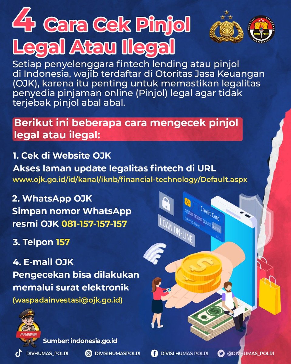 DivHumas_Polri's tweet photo. Setiap penyelenggara fintech lending atau pinjol di Indonesia, wajib terdaftar di Otoritas Jasa Keuangan, karena itu penting untuk memastikan legalitas penyedia pinjaman online legal agar tidak terjebak pinjol abal abal.
Sumber: https://t.co/vXGjFGkfxN https://t.co/IQcSkGHmVs
