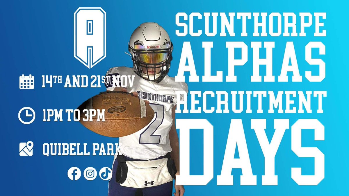 ScunthorpeAlpha's tweet photo. 🏈 SCUNTHORPE ALPHAS RECRUITMENT DAY 2021 🏈

📍 Quibell Park Stadium, Scunthorpe 
📅 November 14 &amp; November 21
⏰ 1PM-3PM
🏈 TEAMS: U16 (13-16), U19 (16-19), Adults (18+)
💷 FREE
👟 Football boots/cleats and a gum shield

(1/2) https://t.co/G1WfKRBviD