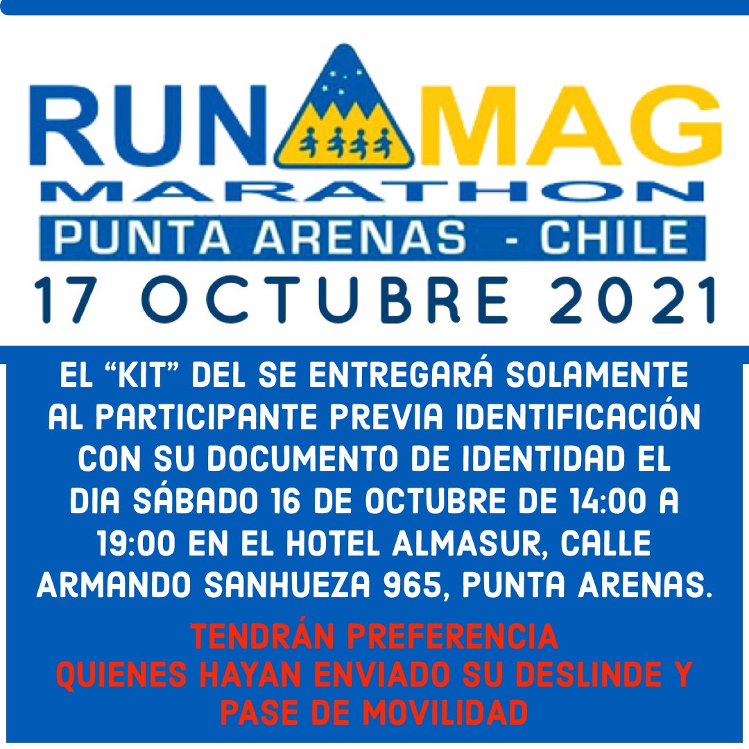 olimpopro's tweet photo. RECUERDA El “kit” se entregará solamente al participante previa identificación con su documento de identidad el dia sábado 16 de OCTUBRE de 14:00 a 19:00 en el HOTEL ALMASUR (ex Rey Don Felipe), Calle Armando Sanhueza 965. La prueba que re-corre el Estrecho de Magallanes #RunMag https://t.co/BPZFwAJh9R