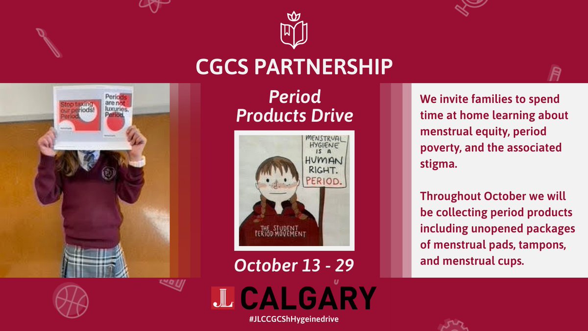 CalGirlsSchool's tweet photo. CGCS has partnered with @JuniorLeagueYYC to collect period products throughout October! Classrooms will collect all donated items and they will be distributed to community partners through the Junior League of Calgary. #periodpoverty #menstrualequity https://t.co/RyAG46m5Na