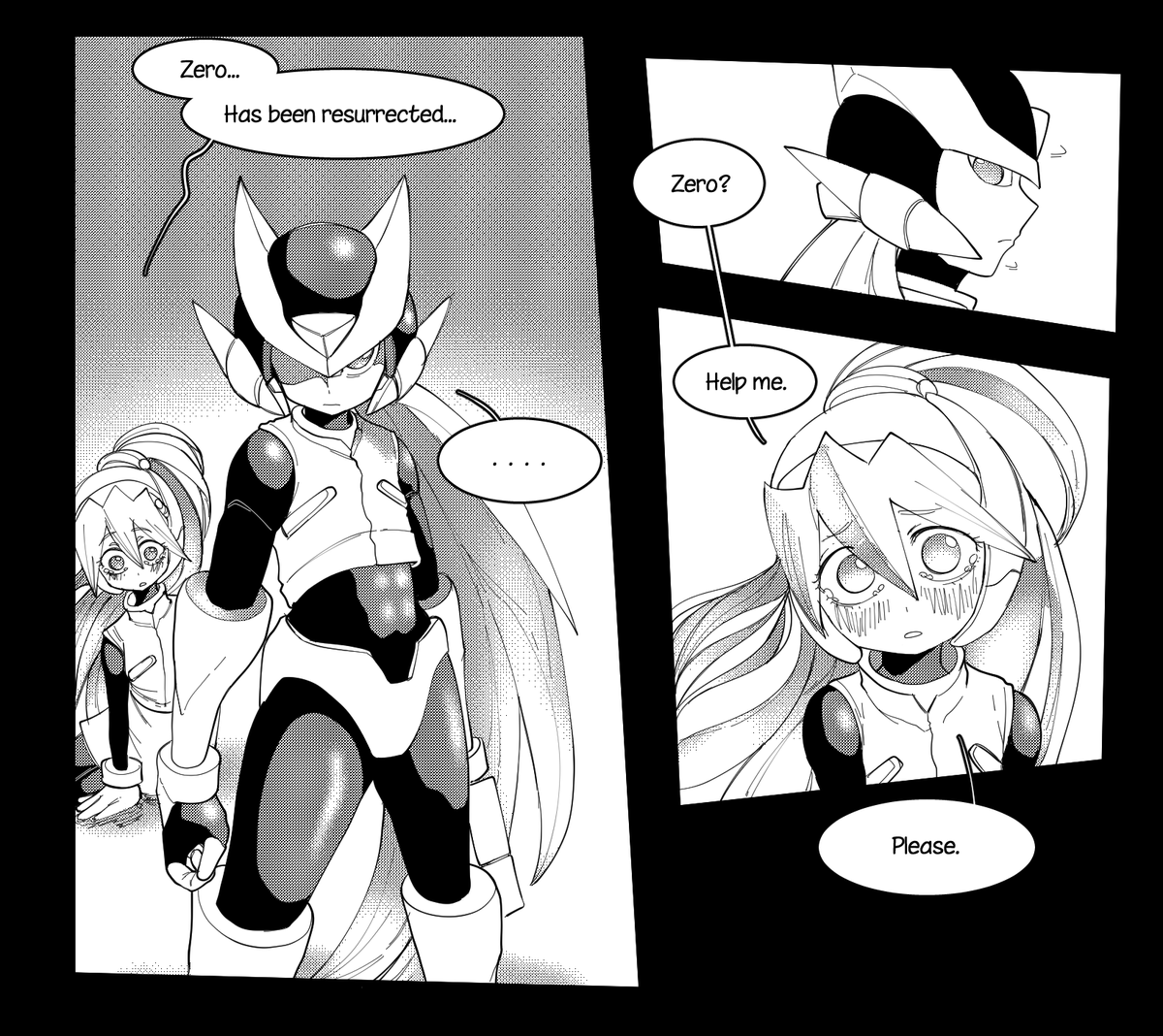 Played through Zero 1 yesterday and thought:
Wow, the official manga was such a cop-out. It didn't even have this legendary scene.
So I put it on my own hands to practice and get something out.
Two a few panels a little out of sequence. 