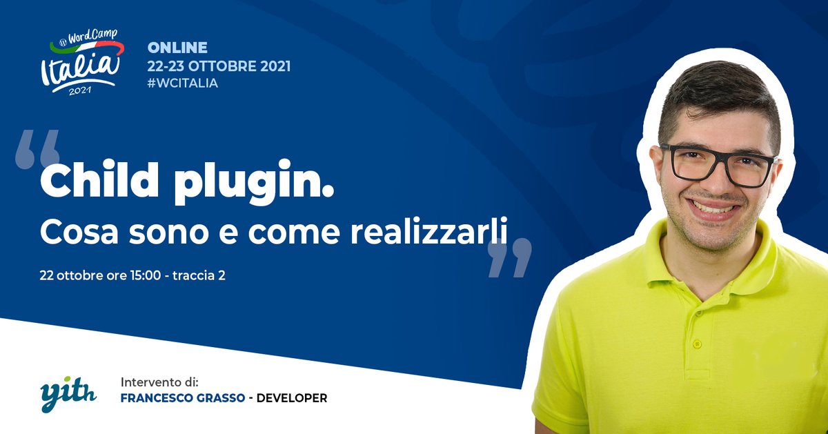 Siamo lieti di annunciare l'intervento di <a href="/franc_grasso/">Francesco Grasso</a> su "Child plugin. Cosa sono e come realizzarli". Sei curioso di scoprire di più? Non perderlo allora, il 22 ottobre alle 15:00 in traccia 2 bit.ly/3p0eYcj 💪 #wcit #wcit2021