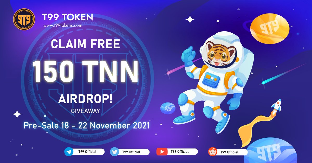 🪂T99 Token Airdrops $TNN launch 16-Oct-2021🪂

🎁 Reward : 150 TNN 
👥 Referral : 26 TNN
🚀 Airdrop Link : bit.ly/T99Airdrop

📢Rules
✅Like,Retweet&amp;Follow 
<a href="/T99_Community/">T99 Community</a>&amp; <a href="/T99_Official/">T99 Official</a>
✅Join t.me/t99_community

Claim Free Airdrop Now
#Airdrops #AirdropCrypto #T99