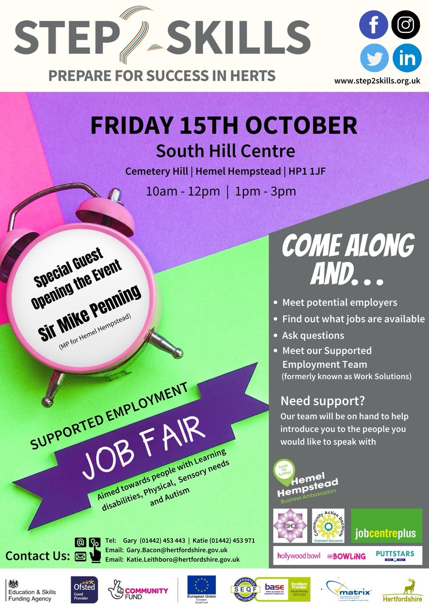 Spread the word about this Supported Employment Job Fair aimed at people with a learning disability, a physical disability, sensory needs or autism. It is taking place this Friday (15 October) at South Hill Centre, Cemetery Hill, Hemel Hempstead at 10am-12pm and 1pm-3pm.