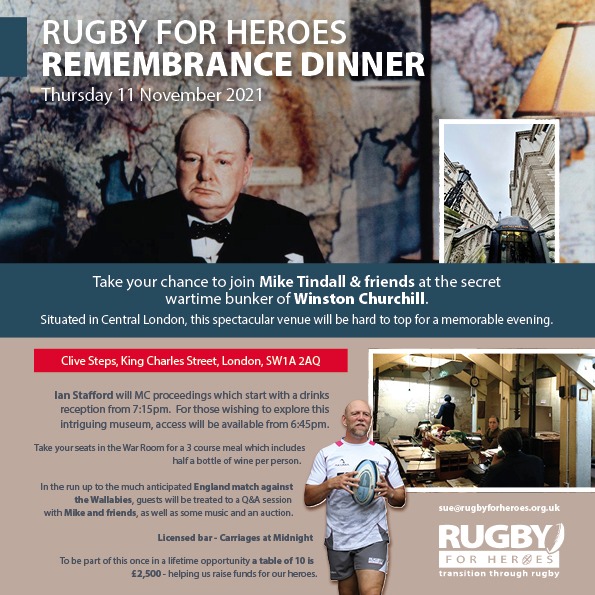 Rugbyforheroes's tweet photo. Gather your friends, family, colleagues and join us on Thu 11 Nov for a #remembrance dinner in the company of @miketindall13 and friends. Get in touch today to secure your table and support our veterans #rugbyremembers https://t.co/1Qk0ZqpbxC