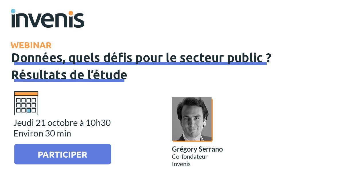 [Webinar]

Au mois de septembre, afin de mieux comprendre la manière dont les acteurs publics analysent leurs #données, nous lancions une étude inédite 💡

Découvrez les résultats de l'étude lors d'un #webinar exclusif, animé par  <a href="/GregSerrano/">Gregory Serrano</a> 

👉 app.livestorm.co/invenis-2/enqu…