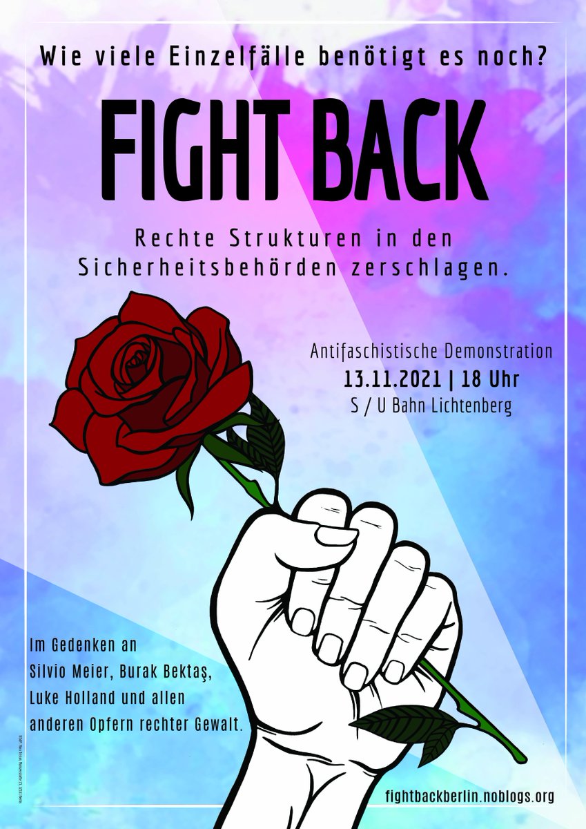 10 Jahre nach der Selbstenttarnung vom #NSU bleibt vor allem eins: Rechter Terror und das Festhalten an sog. "Einzelfällen": Ob Hanau, Halle, rechte Netzwerke in Polizei, SEK und #Bundeswehr.

Deswegen am 13.11. auf die Straße: Fight Back! #Antifa
18 Uhr - S/U Lichtenberg