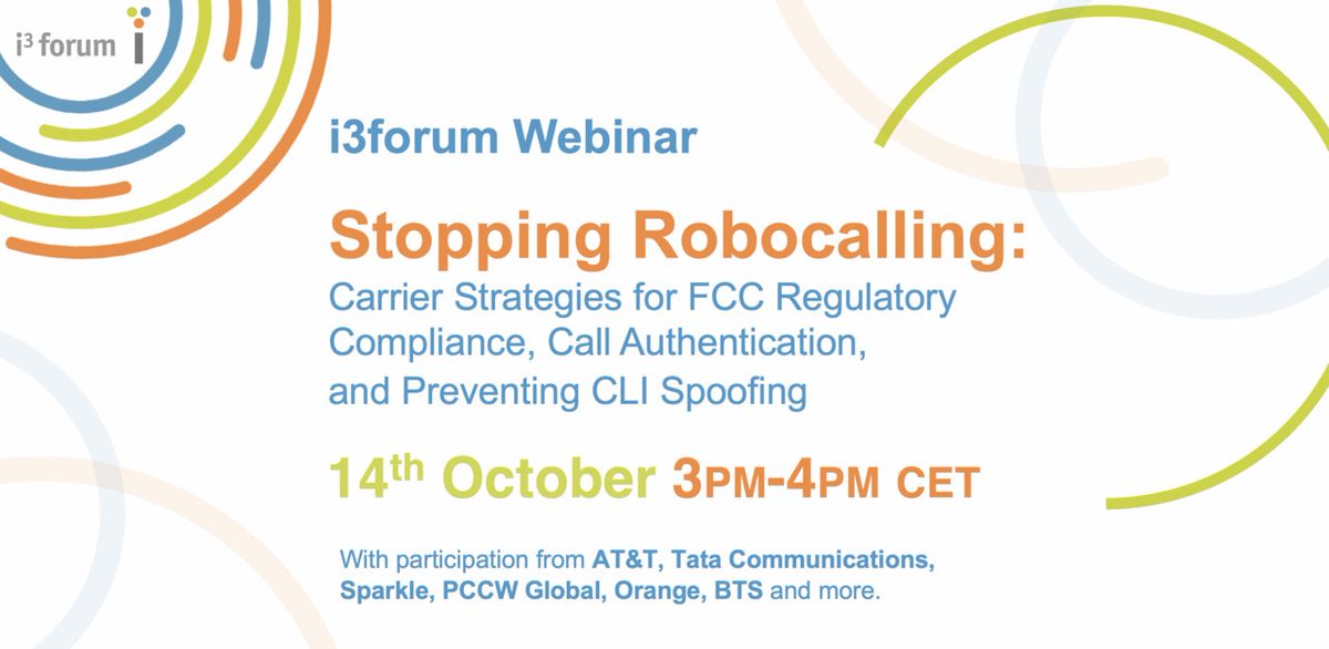 i3forum (@i3forum) on Twitter photo There’s still time to register for our #i3forumwebinar “Stopping #Robocalling: Carrier Strategies for FCC Regulatory Compliance, Call Authentication, and Preventing CLI Spoofing” today at 3pm CET with <a href="/ATT/">AT&T</a>, <a href="/tata_comm/">Tata Communications</a>, <a href="/TISparkle/">Sparkle</a>, <a href="/orange/">Orange</a>, <a href="/BTSio/">BTS - Business Telecommunications Services</a> and more bit.ly/2ZgfPLb There’s still time to register for our #i3forumwebinar “Stopping #Robocalling: Carrier Strategies for FCC Regulatory Compliance, Call Authentication, and Preventing CLI Spoofing” today at 3pm CET with <a href="/ATT/">AT&T</a>, <a href="/tata_comm/">Tata Communications</a>, <a href="/TISparkle/">Sparkle</a>, <a href="/orange/">Orange</a>, <a href="/BTSio/">BTS - Business Telecommunications Services</a> and more bit.ly/2ZgfPLb