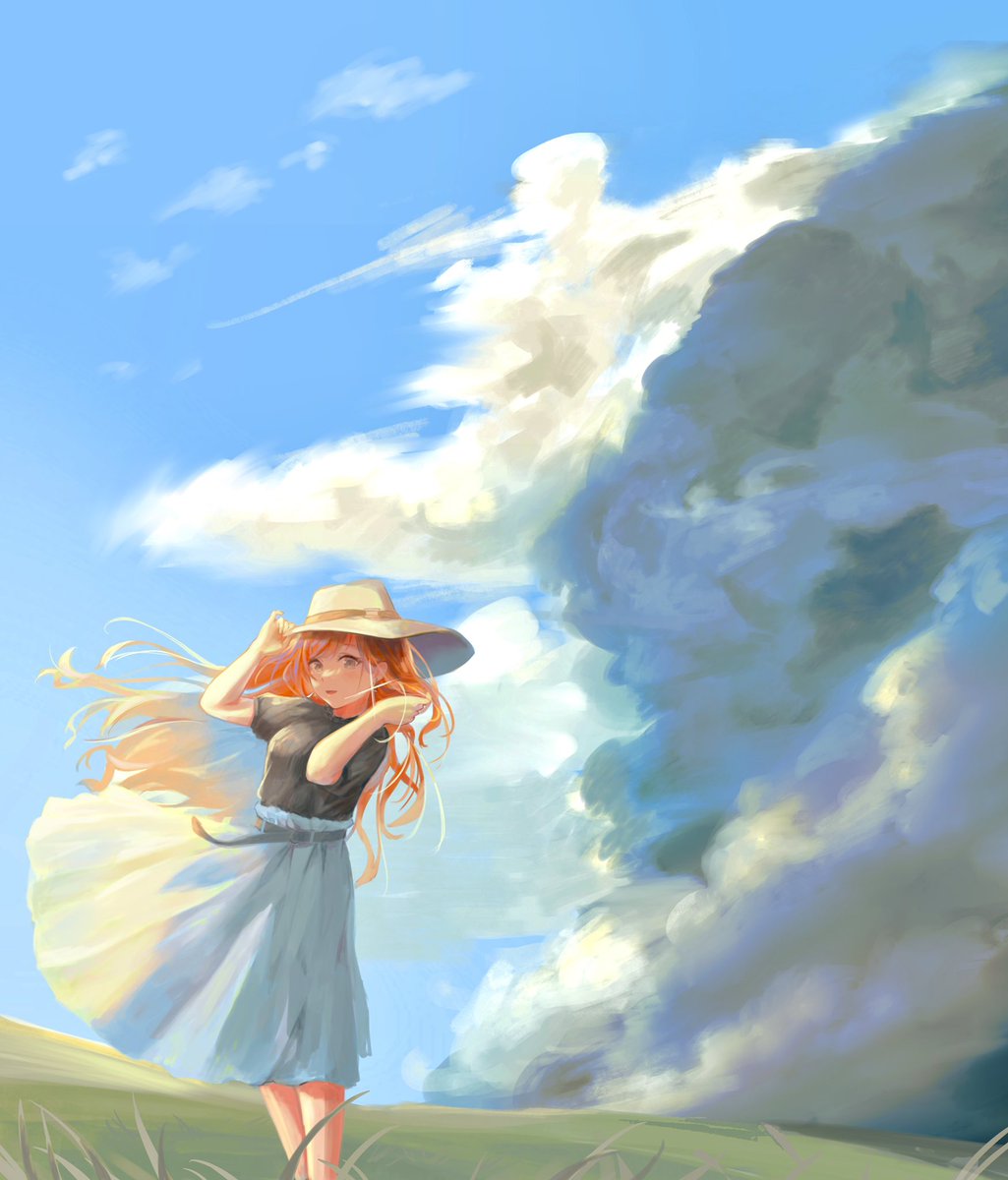 1girl solo long hair sky hat cloud skirt  illustration images
