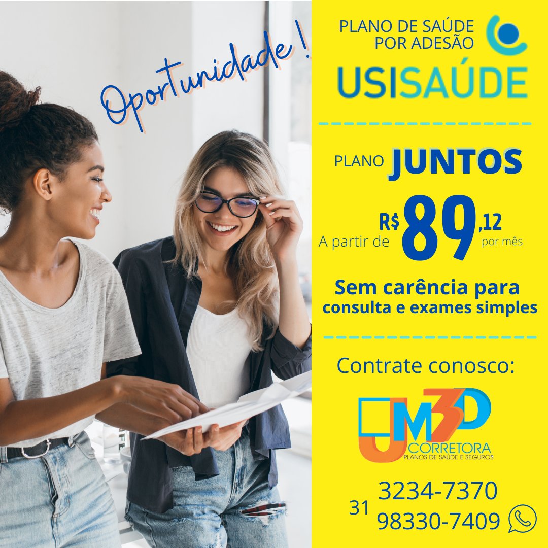 PLANO JUNTOS: O PLANO DE SAÚDE POR ADESÃO DA USISAÚDE 
Uma grande oportunidade para adquirir um plano de saúde com cobertura ambulatorial e hospitalar com obstetrícia, além de desconto em farmácias.
JM3D CORRETORA
 📞31 3234-7370
📲31 98330-7409 - wpp
🌐jm3dcorretora.com.br