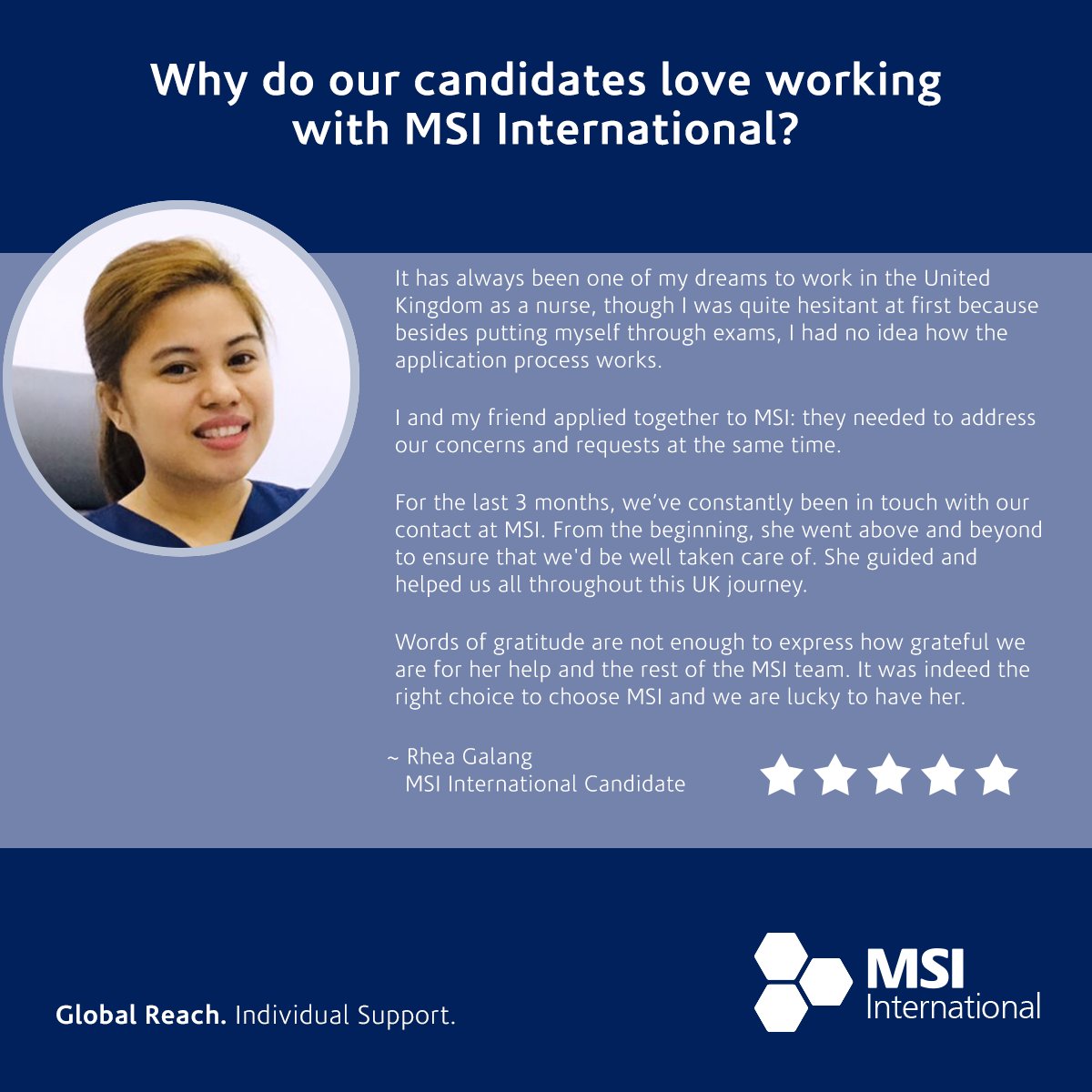 MSIInternation1's tweet photo. More great feedback from an MSI International candidate.

We support our #overseas #nurses throughout their career journey and it shows in the testimonials we receive! 

#internationalrecruitment #healthcarestaffing #msijourneys. Find out more at https://t.co/uKqORd93jw https://t.co/NSEcsJVv6d