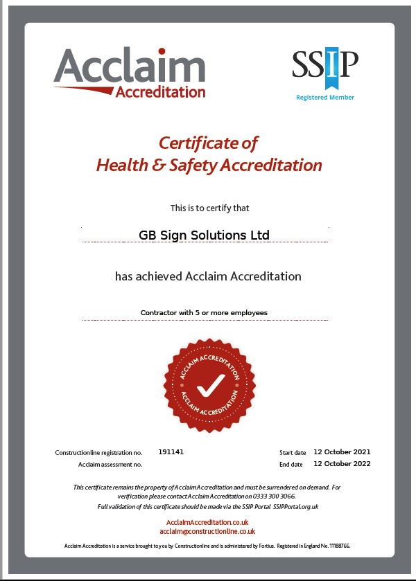 GB Signs have renewed our #Constructionline ACCLAIM (SSIP) #accreditation.

#construction #installation #signage #signs #safety #healthsafety #siteworks