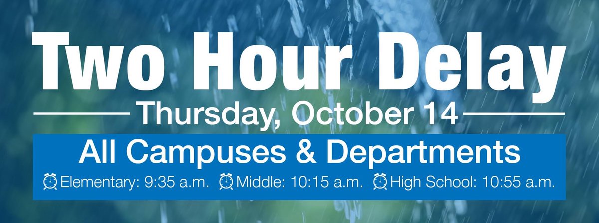 MECHS_Principal's tweet photo. Comal ISD will be on a two-hour delayed start today, Thursday, Oct. 14. Overnight rains washed debris in the roads and many roads are flooded.

School start time will be 10:15. Buses will pick up students at their scheduled stops two hours later than usual. https://t.co/NcWaFFmFeH