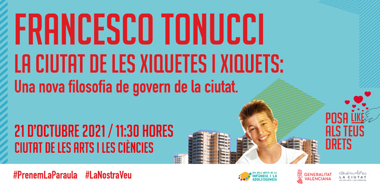 GVAIgualtat's tweet photo. 👧👦La pròxima setmana Francesco Tonucci explicarà a València el projecte 'La ciutat de les xiquetes i els xiquets', que aposta per dotar a les ciutats d'espais públics en els quals els més xicotets puguen jugar i formar-se amb llibertat.
T'esperem! 
#PrenemLaParaula #LaNostraVeu https://t.co/EWbtwsex28