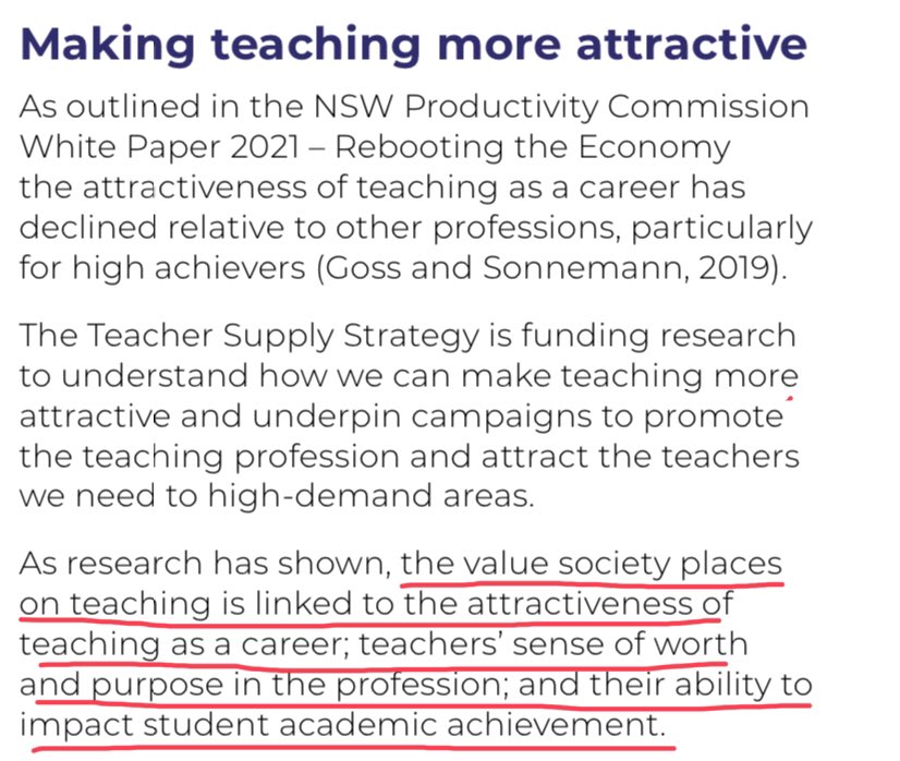 aliceleung's tweet photo. Reading the NSW Teacher Supply Strategy - https://t.co/W7DHbg7KoB. The section on making teaching more attractive is interesting. The answer is not a marketing campaign, it is ⬆️ salaries ⬇️ workload. #MoreThanThanks https://t.co/6DfWc0OSgW