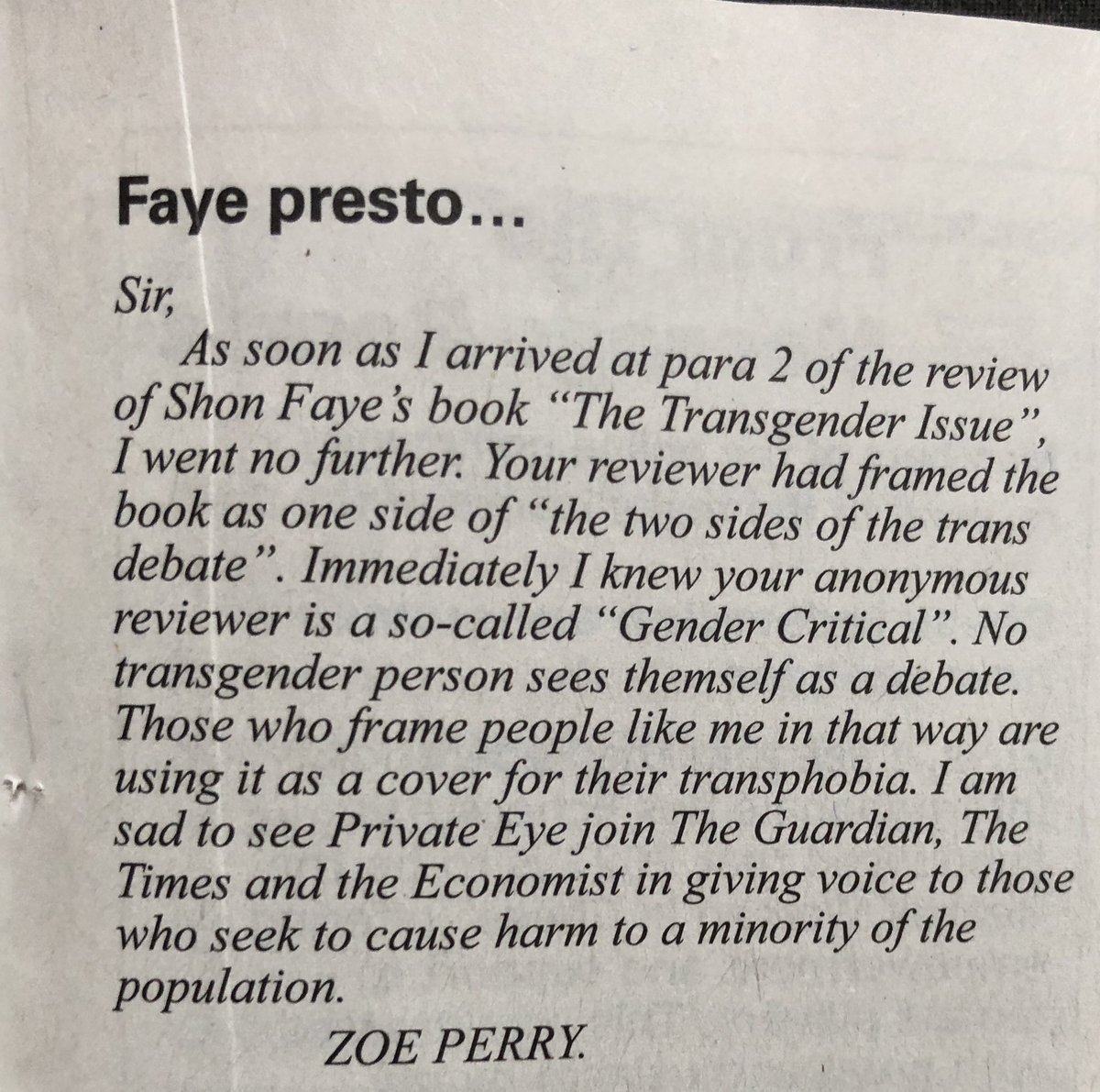 My letter was published in this week’s Private Eye. It refers to a review of @shonfaye book.  Takes a sideswipe at @parislees too. What chance have I got of not being a debate?