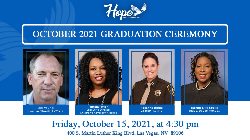 @hopeforprisoners Reentry graduation all set! Friday, October 15, 2021 @lvmpd HQ 31 amazing men and women, our future community leaders walking in their Second Chance. @MBSewald @DougDeason @jabinchavez @Paula_White @CopelandNetwork @_STFoundation #iamhope hopeforprisoners.org