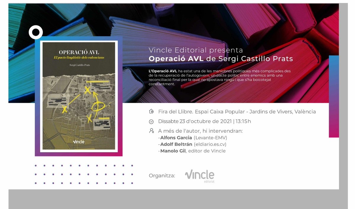 Vincle_Ed's tweet photo. Hui comença la @firallibrevlc! I Vincle Editorial se suma a la festa del llibre presentant nostres novetats “L’estiu dels brivalls”, “Operació AVL” i “Els cabells molt rulls”
#vinclealafira #lestiudelsbrivalls #operacioavl #elscabellsmoltrulls #vincleeditorial #llegiretfalliure https://t.co/9EzgZWHgO9