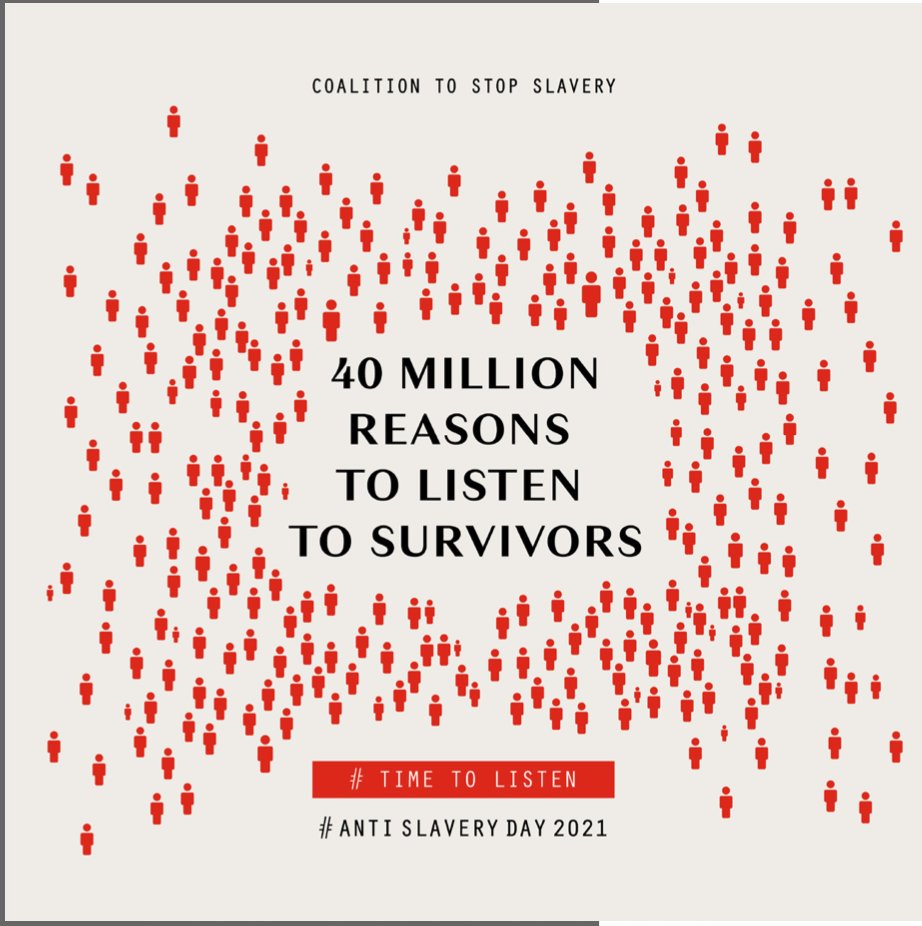 Tomorrow is Anti-Slavery-Day - a day to remember the estimated 40 million in slavery worldwide, &amp; more than 100,000 in the UK.  

Each provides a reason to listen to survivors' voices to shape our response.  #timetolisten
