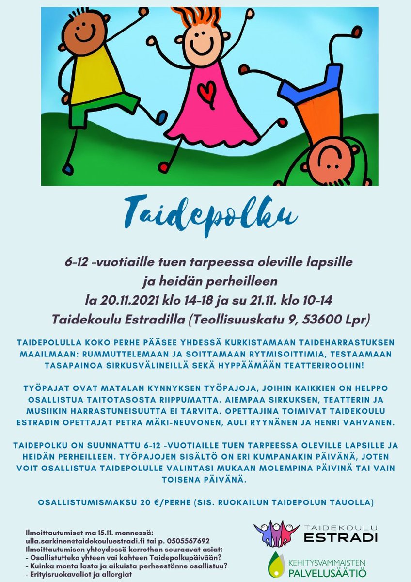 KerppolaJ's tweet photo. Huomio Etelä-Karjala! Nyt on hieno mahdollisuus päästä mukaan Estradin toimintaan koko perheen voimin. Ilmoittaudu mukaan 15.11. mennessä :) #taidekouluestradi @kvpsfi https://t.co/bJE037ty9N