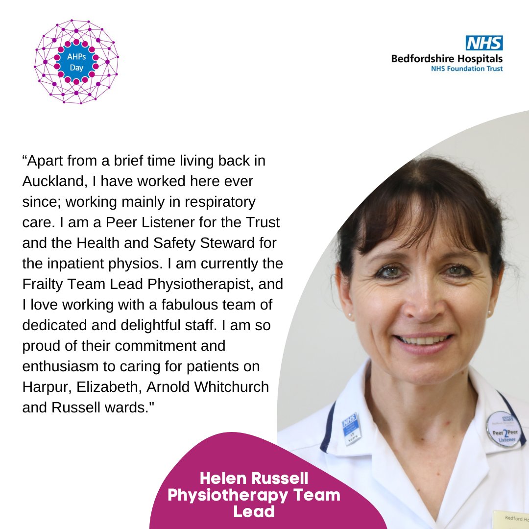 When she was 11 years old, Helen decided she wanted to become a Physiotherapist.

Helen achieved her goal by joining Bedford Hospital as a Respiratory Medical Physiotherapist in 1993!

#AHPDay