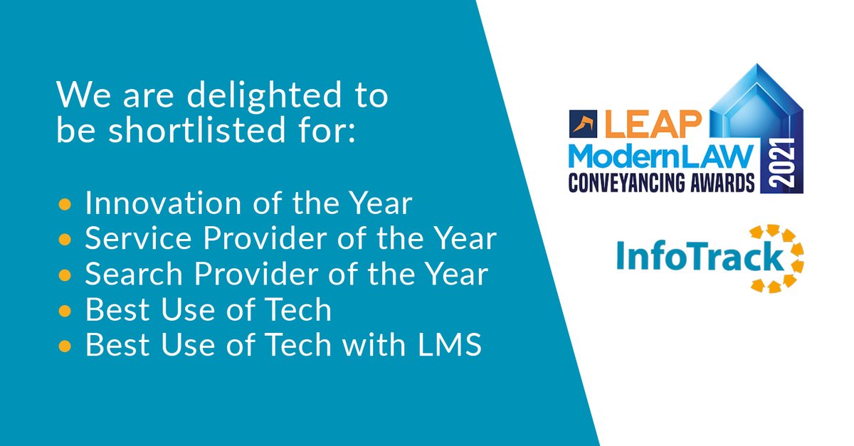 InfoTrack is thrilled to announce that we have been shortlisted for five categories in the LEAP Modern Law Conveyancing Awards 2021!

Huge congratulations to those shortlisted, we’re looking forward to seeing you at the awards evening in November.

#modernlawconveyancingawards