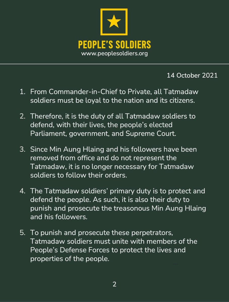 peoplesgoal2022's tweet photo. On behalf of all Tatmadaw soldiers and officers, we hereby declare the removal from office of Min Aung Hlaing and senior military officials for having committed treasonous acts. #TreasonousMinAungHlaing #DefectFromTatmadaw #SupportPeopleSoldiers #WhatsHappeningInMyanmar https://t.co/Iqok3r7PjH