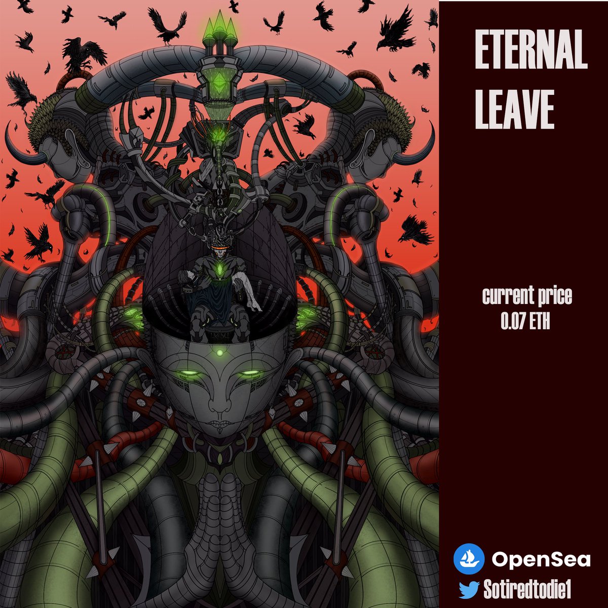 🙏🏻Hello new drop now!💥

“Eternal leave”
This work depicts a decaying earth littered with the remnants of humanity's failure, from which he and she are escaping for all eternity.
Hope you like it😀💫

Available on : opensea.io/assets/0x495f9…