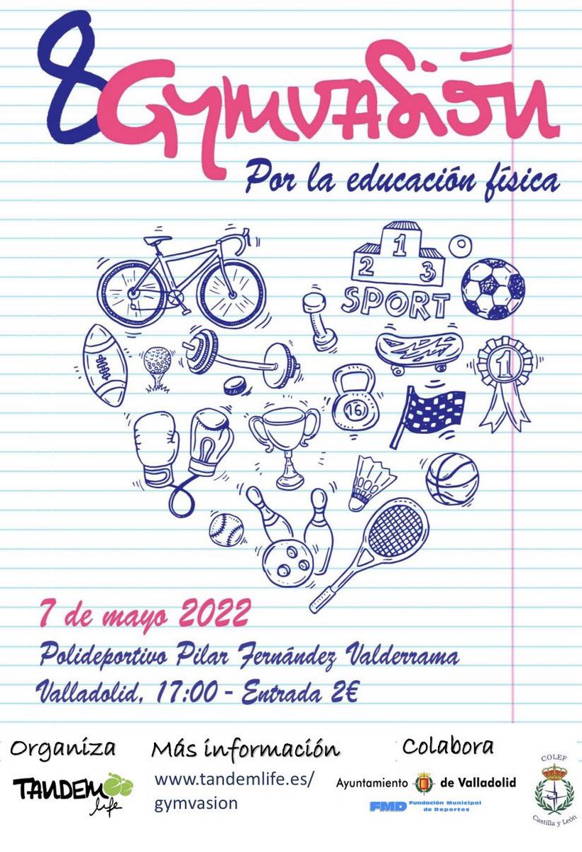 Que ilusión nos hace anunciar que tenemos fecha para la octava #Gymvasion por la #edufis 7 de mayo de 2022!!! Os esperamos más info en tandemlife.es/gymvasion <a href="/educacyl/">Educación JCyL</a> <a href="/cfievalladolid/">CFIE VALLADOLID</a> <a href="/CFIE_PALENCIA/">CFIE_PALENCIA</a> <a href="/educaef/">beatriz fuentes</a> <a href="/Guisantito/">María Pérez</a>