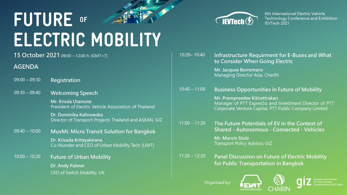 giztransport's tweet photo. Envisioning efficiency &amp; sustainability through the lens of #ZeroEmissionsVehicle, GIZ and CharIN are organizing a convention held under the 6th Electric Vehicle Association of Thailand.

📅15 October 2021
🕘9.00 AM - 12.00 PM (GMT+7)

Register here➡️https://t.co/l4qp9IB9Av https://t.co/Y5Qtigsy8K