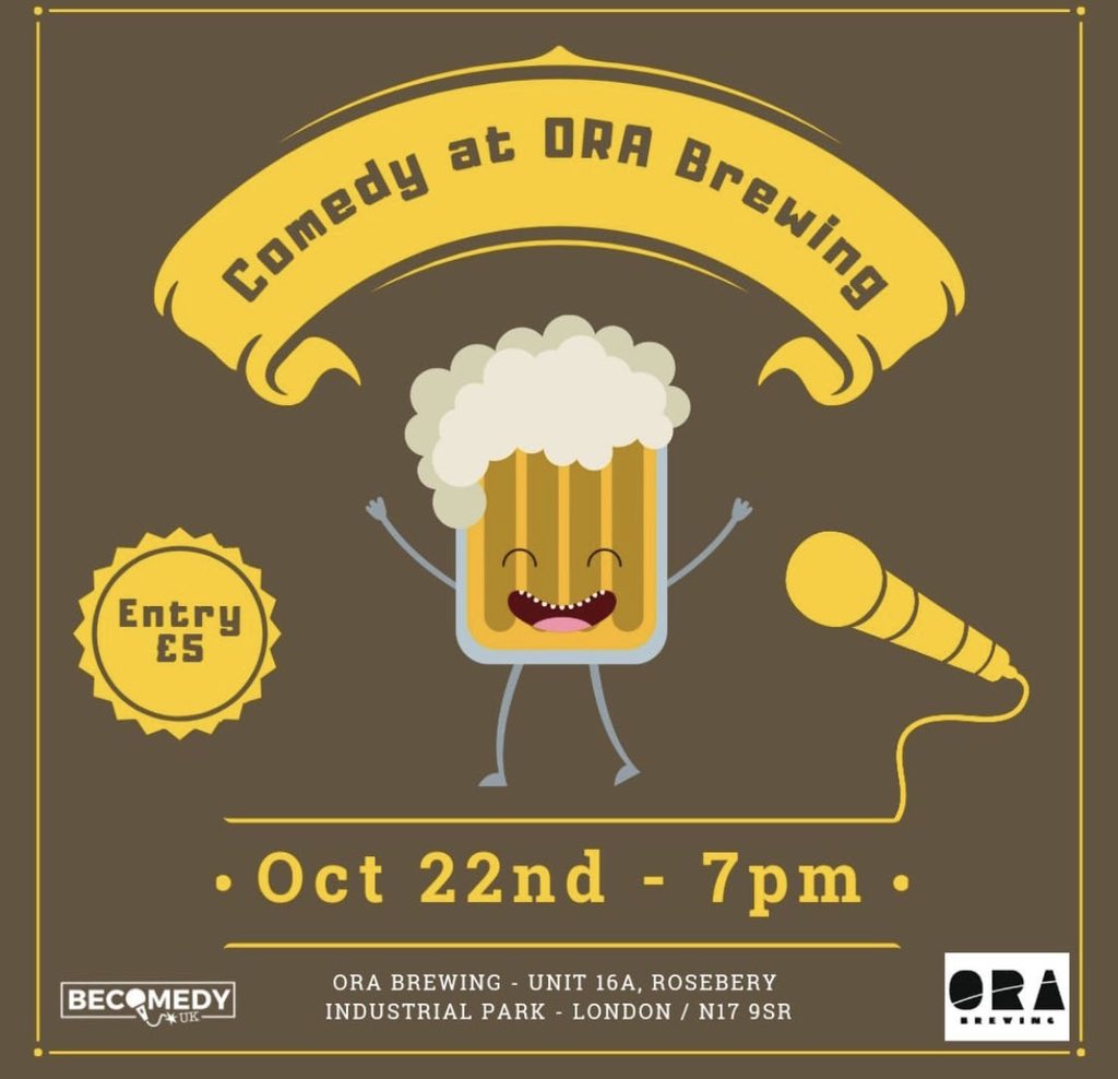 ORA Brewing (@orabrewing) on Twitter photo For our birthday celebrations we are excited to have <a href="/BeComedyUK/">BeComedy UK</a> next Friday 22/10 7pm. Great comedians, great beers, great food by <a href="/soffleschips/">Soffle's Pitta CHIPS & DIPS</a>... What else?
Tickets: eventbrite.com/e/comedy-night… For our birthday celebrations we are excited to have <a href="/BeComedyUK/">BeComedy UK</a> next Friday 22/10 7pm. Great comedians, great beers, great food by <a href="/soffleschips/">Soffle's Pitta CHIPS & DIPS</a>... What else?
Tickets: eventbrite.com/e/comedy-night…