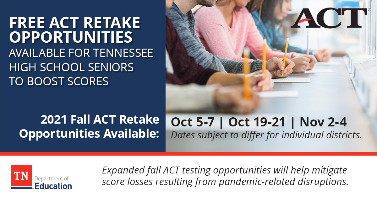TNedu's tweet image. ATTN: TN HIGH SCHOOL SENIORS! The FREE fall ACT retake opportunities are continuing next week! Check with your district on the specific date for your school and read more: tn.gov/education/news…