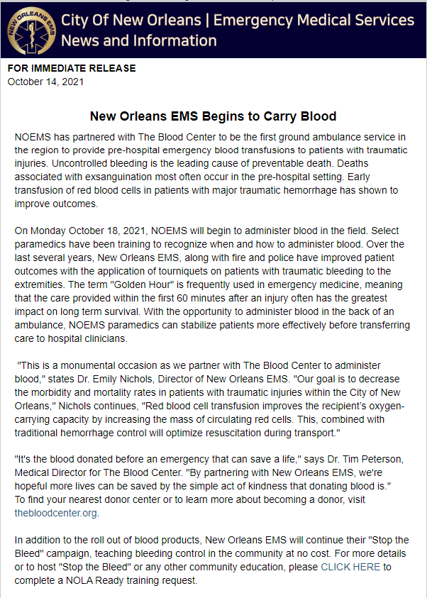 NOEMS has partnered with <a href="/thebloodcenter/">The Blood Center</a> to be the first ground ambulance service in the region to provide pre-hospital emergency blood transfusions to patients with traumatic injuries.
