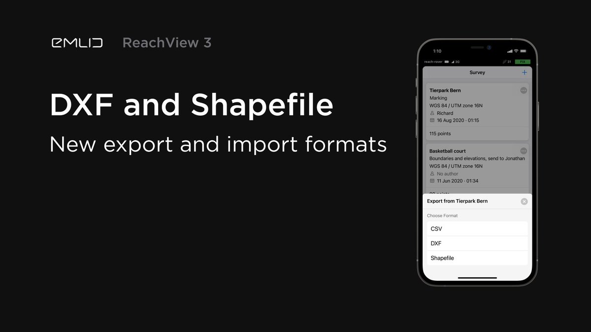 DXF and Shapefile formats are now available in ReachView 3. Export and import your data in these formats for your CAD and GIS projects.