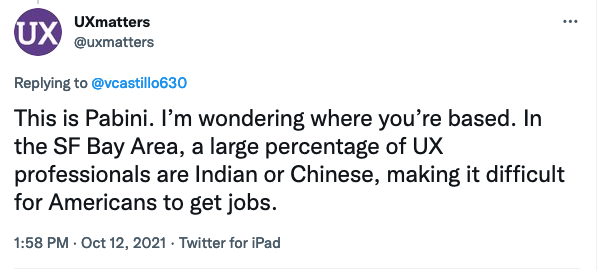 BlakistonR's tweet photo. Please join me in unfollowing @uxmatters. They are using their platform to spread racist ideas. https://t.co/SsrcFQrM4q