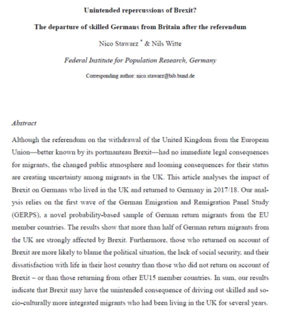 niwitte's tweet photo. New #preprint
#NicoStawarz and I analyse the impact of Brexit on high-skilled migrants living in 🇬🇧
Analysis based on a sample of return migrants from 🇬🇧➡️🇩🇪 taken from #GERPS. More than half of them have been strongly affected by #Brexit
https://t.co/BAnQeWKPBj https://t.co/GmWDZCxy4p
