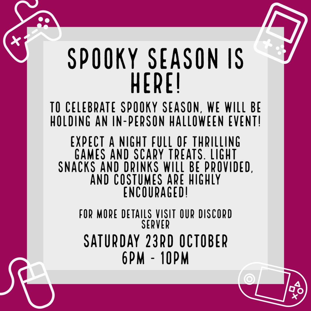 Please check our Discord server for further details 🎃

┈┈┈┈․° Tags °․┈┈┈┈
#bathspauniveristy #bathspauni #bathspa #univeristy #studentlife #videogamingsociety #videogaming #gaming <a href="/bathspasu/">Bath Spa Students' Union</a>