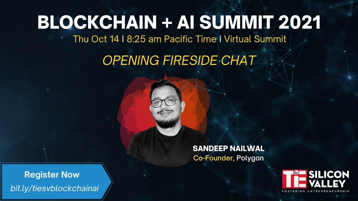 TiEcon's tweet photo. About to begin!
Opening Fireside Chat with @sandeepnailwal at our Blockchain + AI Summit 2021.
Join us now at  https://t.co/LSW6vSjUiC
#TiESVBlockAI https://t.co/mKIuJziqOW